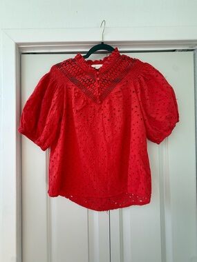 Adiva Red Eyelet Puff-Sleeve Blouse with Crochet Yoke